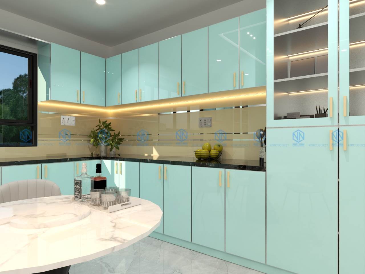 Tủ Bếp Khung Inox Cánh Kính Sơn Màu 