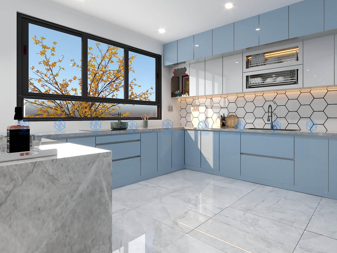 Tủ Bếp Khung Inox Cánh Kính Sơn Màu 