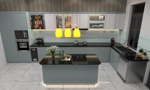 Bàn Đảo Bếp Khung Nhôm Kính Cường Lực 