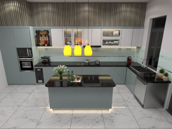 Bàn Đảo Bếp Khung Nhôm Kính Cường Lực 