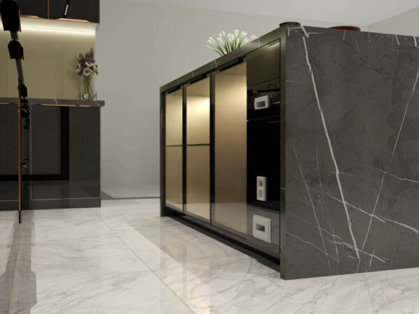 Bàn Đảo Bếp Khung Nhôm Kính Cường Lực 