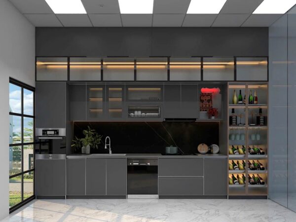 Tủ Bếp Inox Cánh Kính Hệ Chống Bám Vân Tay