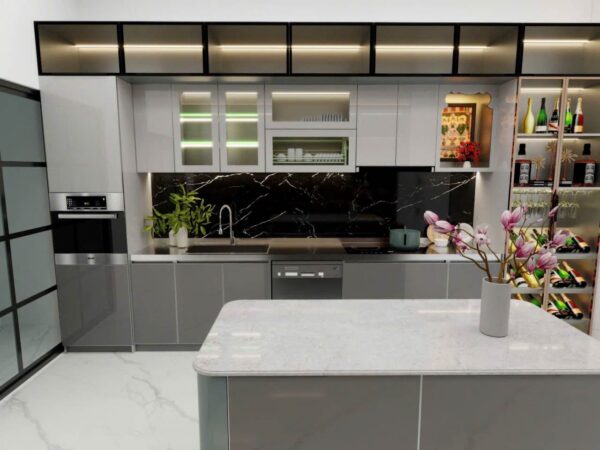Tủ Bếp Inox Cánh Kính Hệ Chống Bám Vân Tay